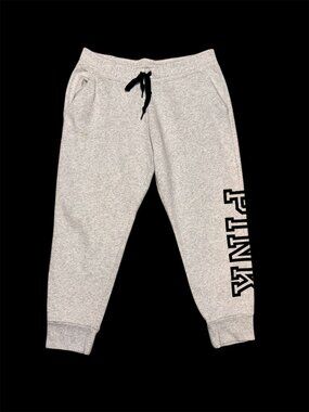 Victorias Secret PINK Gray Tapered Sweatpants Sz Large Joggers Logo SMALL STAIN
